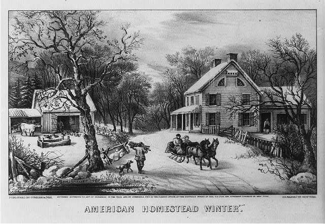 Black-and-white engraving of a farm in winter. In the left background is a barn with a cow in the barnyard. In the right background is a house. In the foreground a horse-drawn sleigh carrying a man and woman is to the right of a dog and man carrying wood.