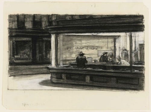 Edward Hopper, Study for Nighthawks, 1941 or 1942, fabricated chalk and charcoal on paper, 11 1/8 x 15 in. COURTESY WHITNEY MUSEUM OF AMERICAN ART, NEW YORK, PURCHASE AND GIFT OF JOSEPHINE N. HOPPER BY EXCHANGE  2011.65.