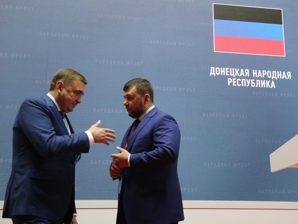 Donetsk separatist leader Denis Pushilin and Governor of Tula region Alexey Dyumin (L) during the Saint Petersburg Econonic Forum SPIEF 2022, June 16, 2022 in Saint Petersburg.