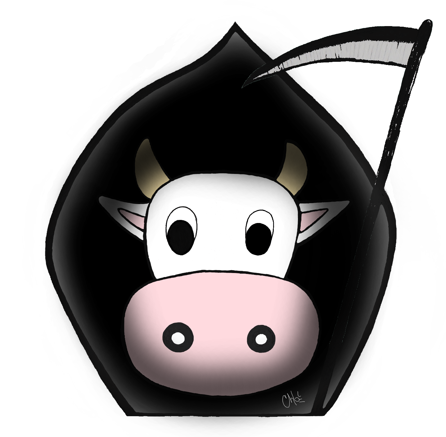 Emoji style cow head with hood and scythe like a grim reaper