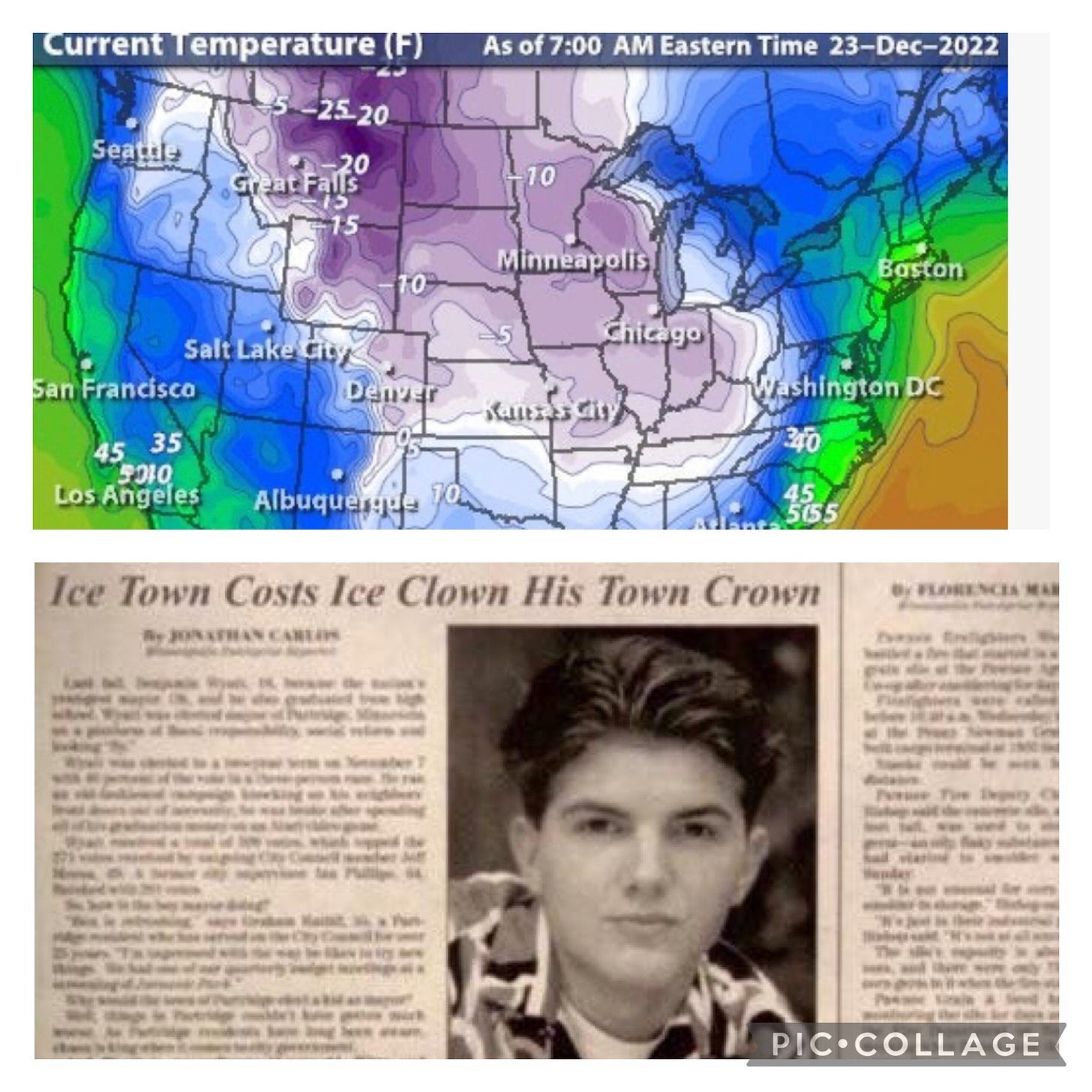 Image of a temperature map of the US with the majority of the country in single or negative digit temps over an image from the show Parks & Rec of a fictional headline from the show about character Ben Wyatt: "Ice Town Costs Ice Clown His Town Crown"