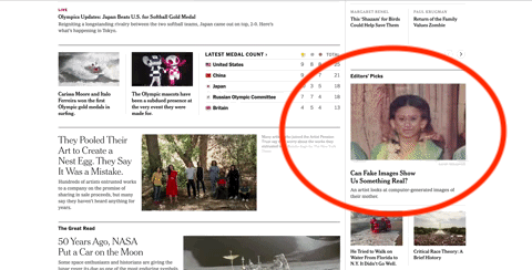 A screenshot of the New York Times homepage showing the article featured under editor's picks
