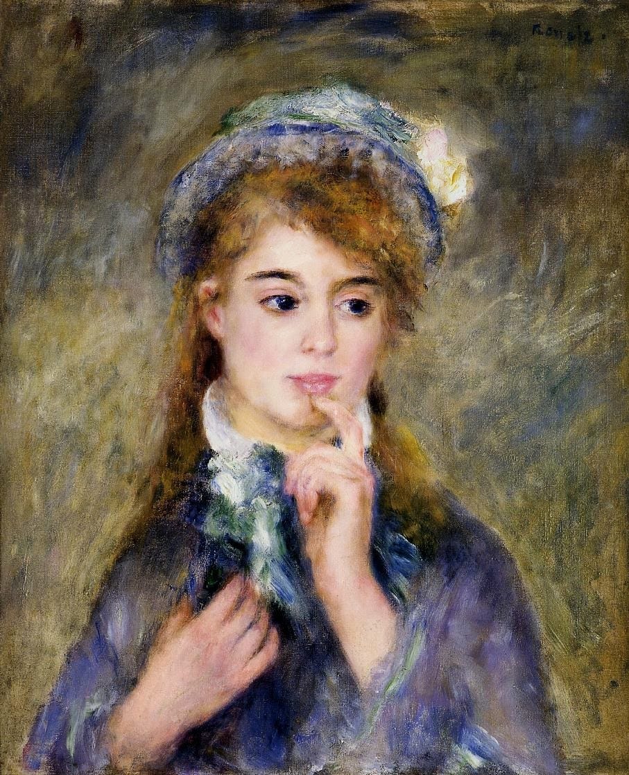 An Impressionist portrait of a young woman in a blue dress gazing into the distance and touching her index finger thoughtfully to her lips.