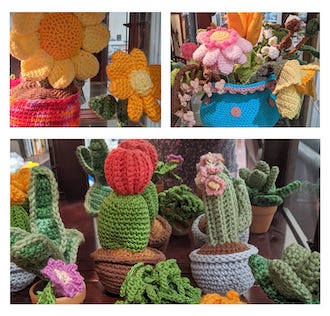 A collage of incredible crochet, including crochet sunflowers and cacti