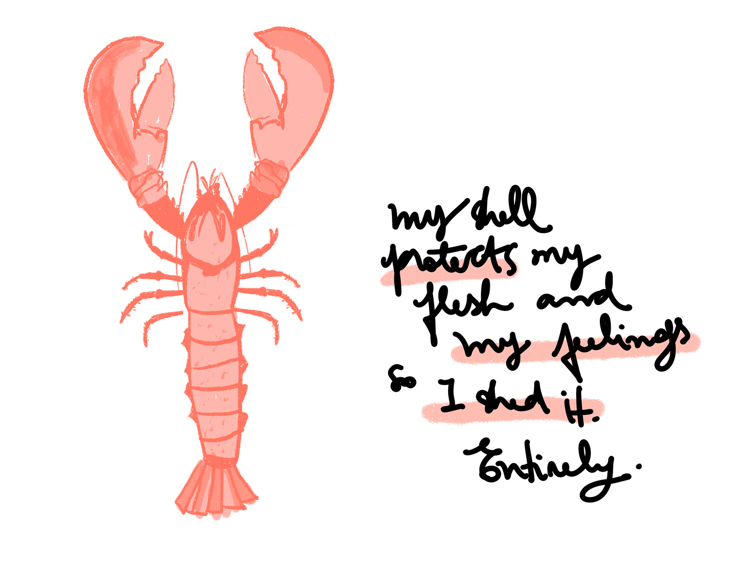 Desenho de uma lagosta com a frase "Minha crosta protege a minha carne e os meus sentimentos, por isso a descarto. Completamente"