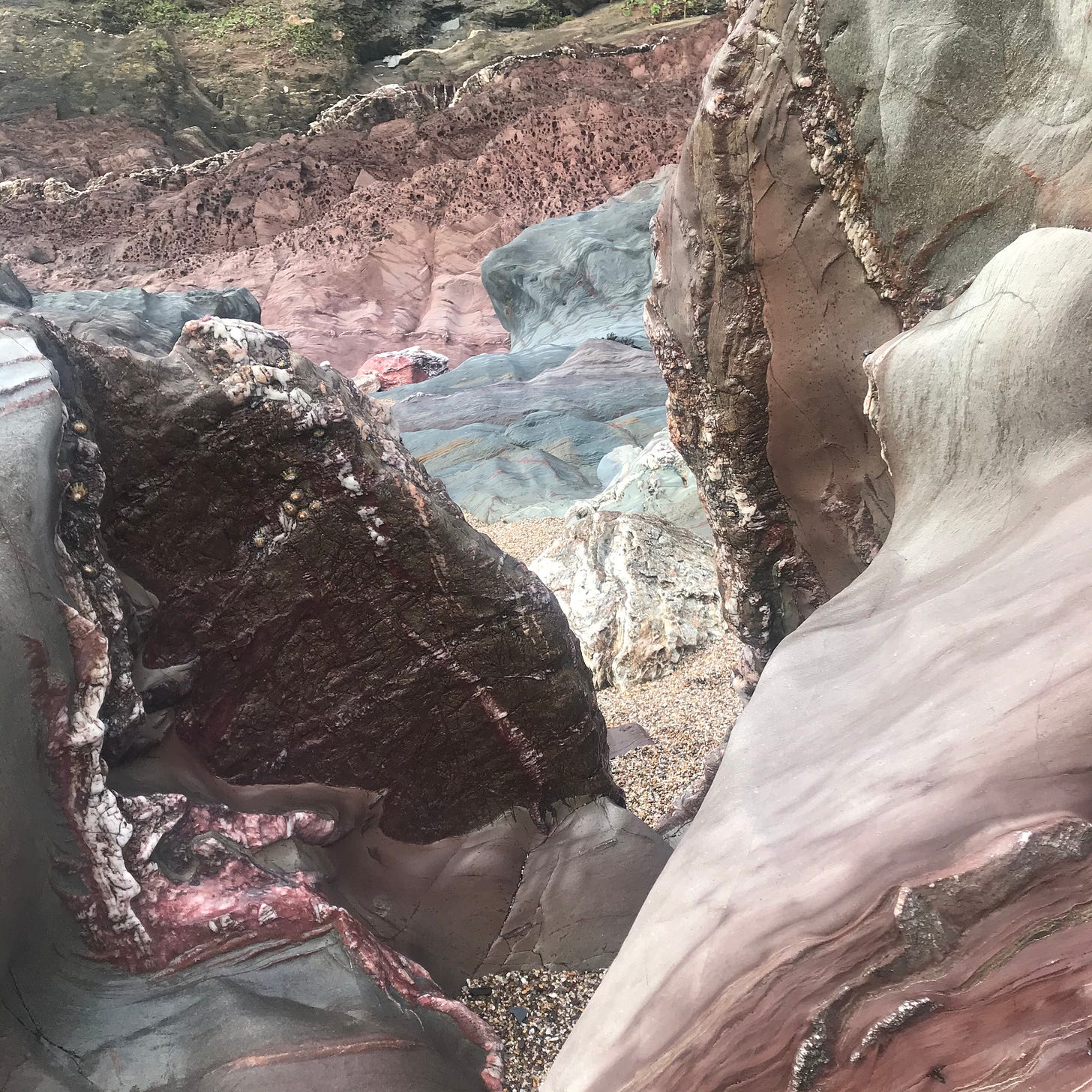 A photo of rock formations on a Devon beach. The rocks are red and grey with lines of sediment