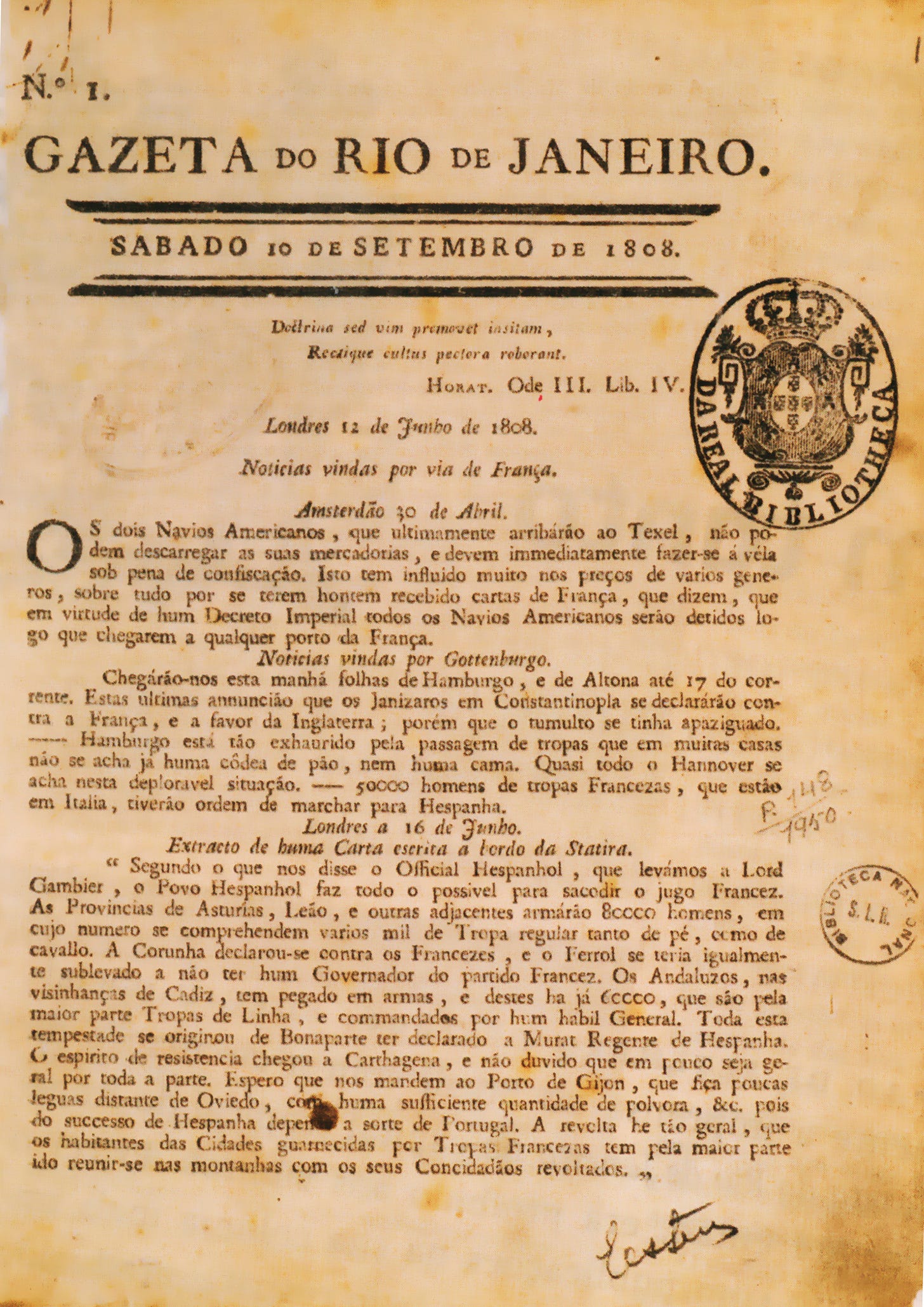 A primeira edição da Gazeta do Rio de Janeiro, o primeiro jornal impresso no Brasil, de setembro de 1808.