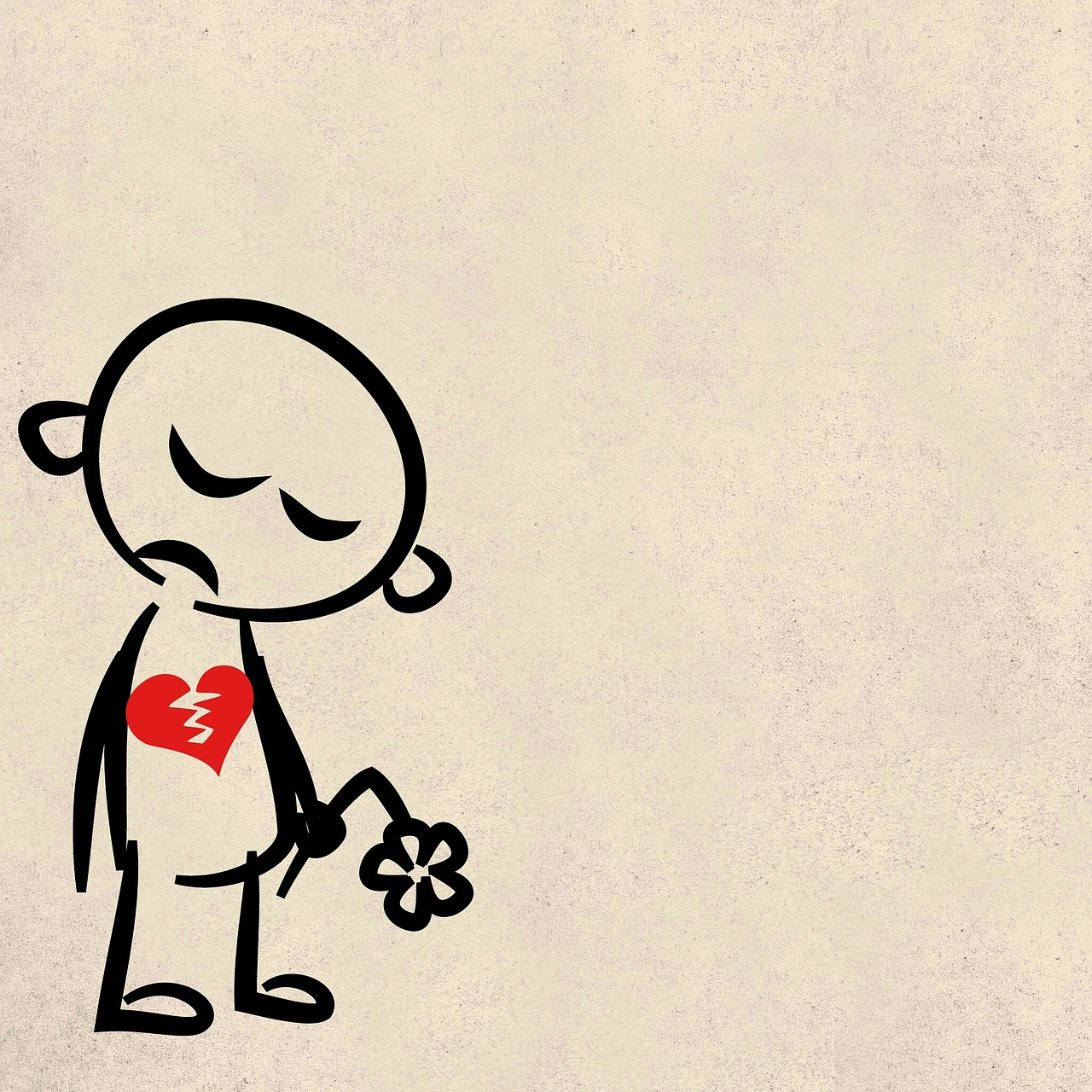 A sad-faced stick figure with a red broken heart holding a broken flower on a gray background.