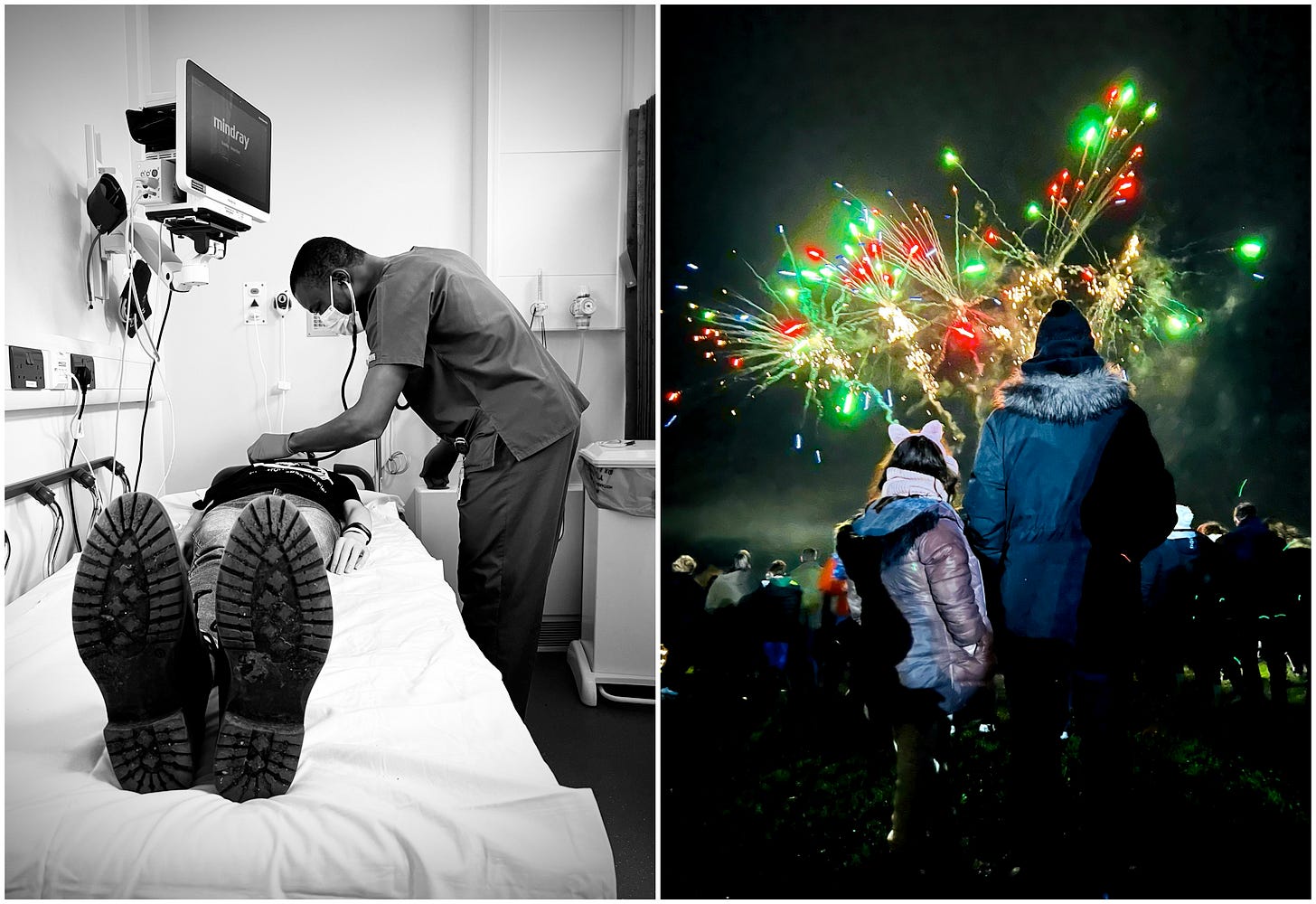 The photo on the left is of my son in hospital being examined and the photo on the right is a shot of a friend and his daughter watching the fireworks.