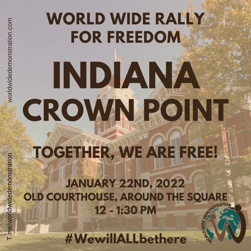 May be an image of ‎text that says '‎WORLD WIDE RALLY FOR FREEDOM MAARA INDIANA CROWN CROWNPOINT E POINT WEAREFREE! NEARE FREE! Maamam OLD JANUARY22ND, 2022 2022 OLDCOURTHOUSE, AROUND OLDCOURTHOUSE,AROUNDTHESQUARE AROUNDTHESQUARE THESQUARE 1:30 ا #WewillALLbethere WewillALLb‎'‎