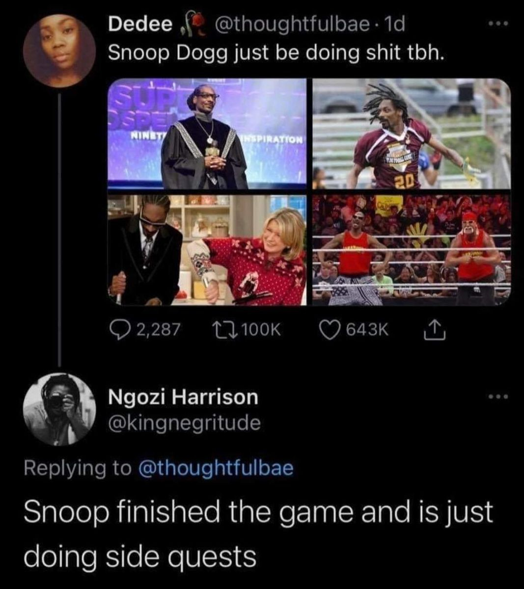 Snoop Dogg • side quests • twitter • funny • catchymemes