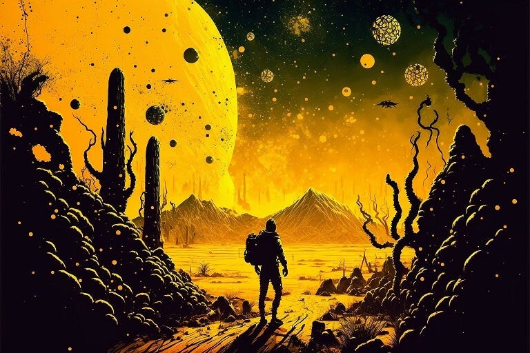 Surreal artwork of a man standing on a yellow planet with lots of other planets on the horizon, silhouette
