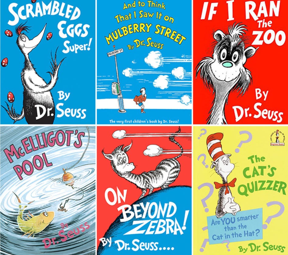 6 book covers of books no longer being published by Dr. Seuss Enterprieses