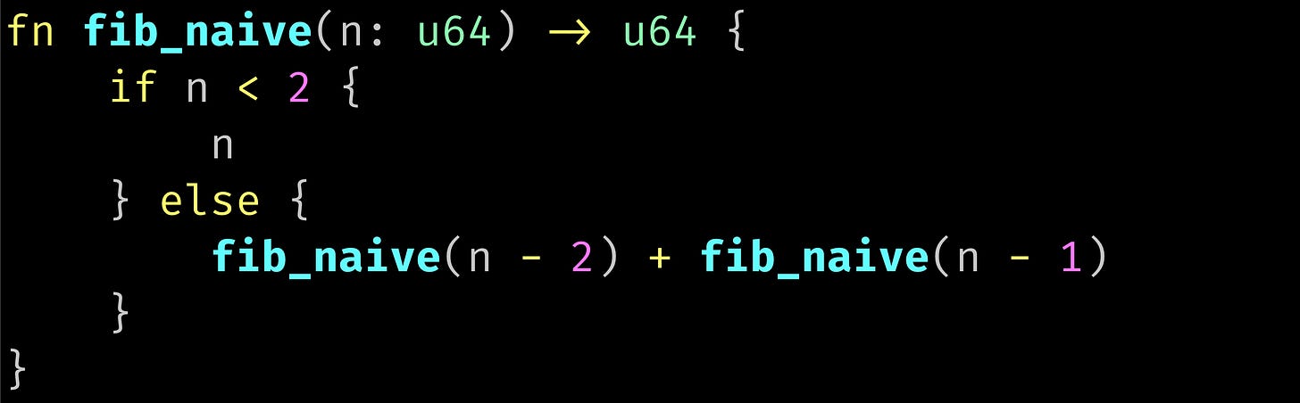 fn fib_naive(n: u64) -> u64 {     if n < 2 {         n     } else {         fib_naive(n - 2) + fib_naive(n - 1)     } }
