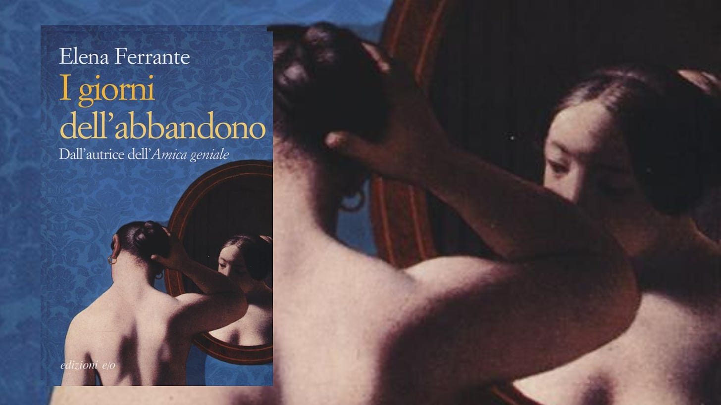 Capa do livro Dias de abandono em italiano: I giorni dell' abbandono. Imagem de uma mulher nua de frente a um espelho, olhando para baixo. Fundo azul.
