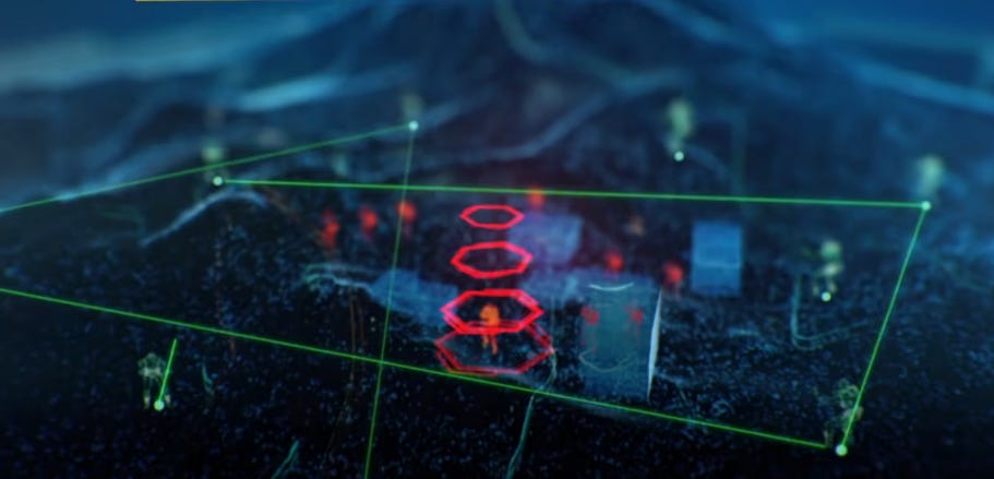 In a video still, enemies are lit in red while friendly forces are shown in green.