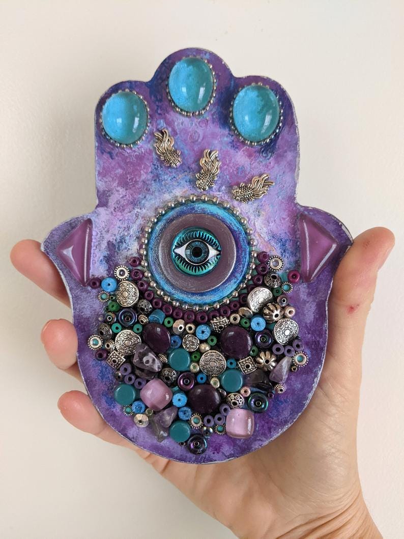 Hamsa Mosaic/6 Wall Art Evil Eye Charm/Fish/Purple & image 0