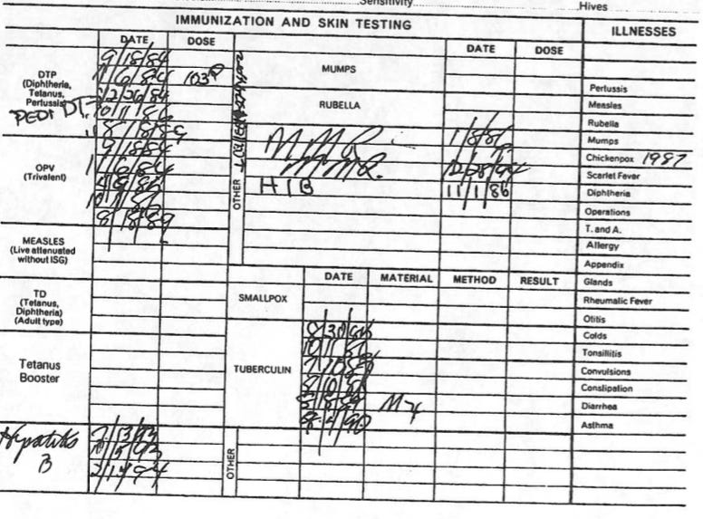 My immunization record, which lists the dates I was given various vaccines as a baby