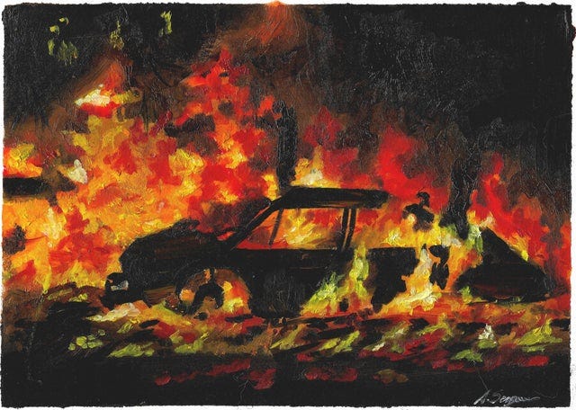 Car on fire, oil painting on paper : r/oilpainting