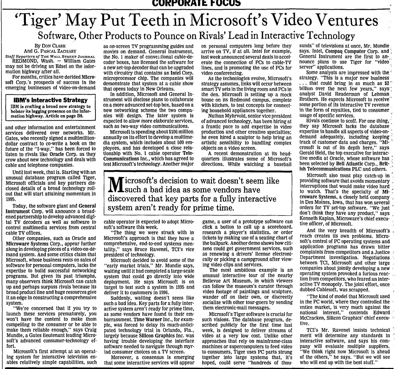 WSJ article: 'Tiger' May Put Teeth in Microsoft's Video Ventures: Software, other products to pounce on Rival's Lead in Interactive Technology