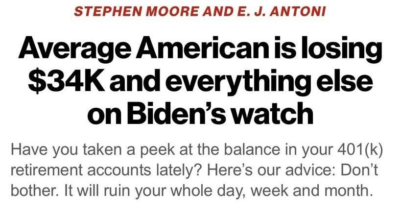 May be an image of 1 person and text that says 'NEW YORK POST LOG IN 401(Ko) Americans' retirement accounts taken huge hit the Biden administration. Dow Jones Industrial Average 35,000 32,500 2021: ”is Dow 30,000 31,097.97 27,500 2021 Jan. close: 29,634.83 April 2022 Oct. April aef $2.1 trillion 401(k) estarto hi assets shrunk $101,000 $34,000 more than 25% hano year! STEPHEN MOORE AND E. ANTONI Average American is losing $34K and everything else on Biden's watch Have you taken a peek at the balance in your 401(k) retirement accounts lately? Here's our advice: Don't bother. It will your whole day, week and month.'