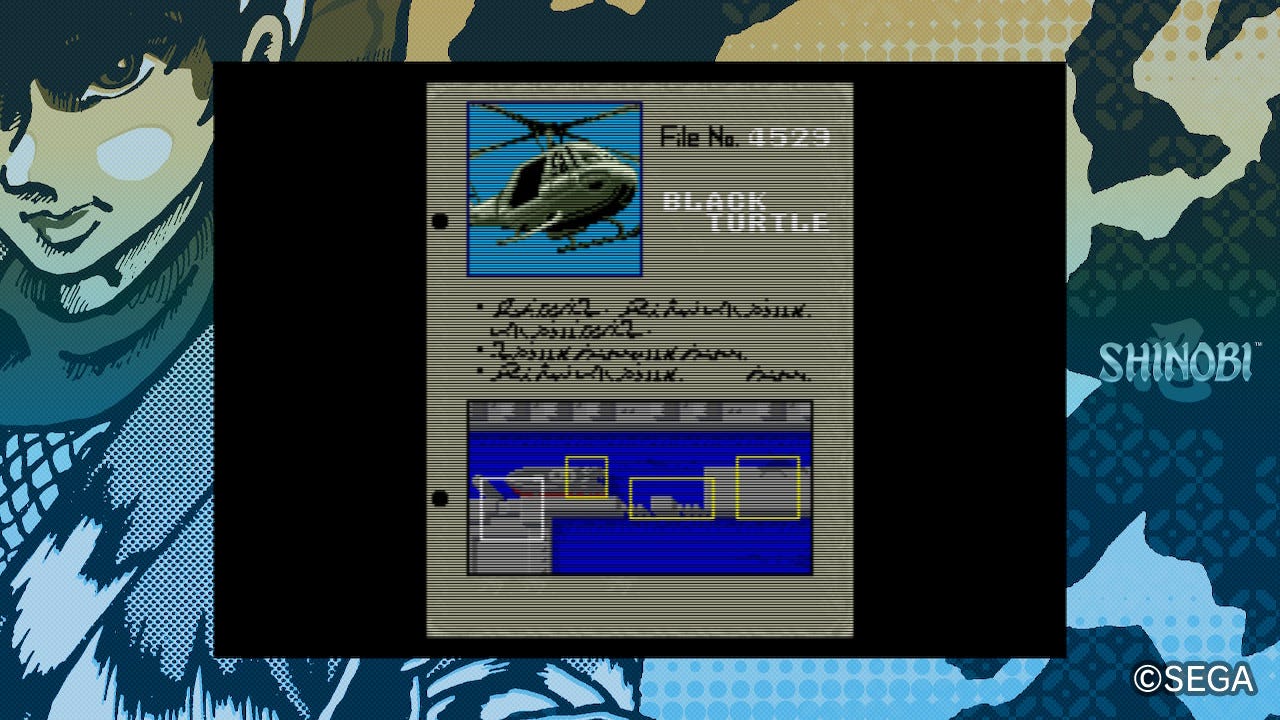 A screenshot of the mission briefing file, showing the boss (in this case, the Black Turtle helicopter) as well as a map layout of the stages you'll traverse to reach it.