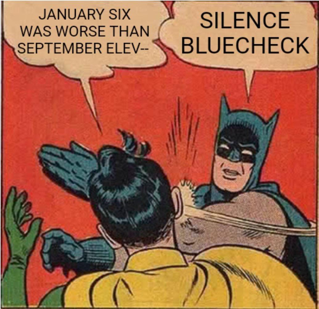 May be an image of 1 person and text that says 'JANUARY SIX WAS WORSE THAN SEPTEMBER ELEV-- SILENCE BLUECHECK'