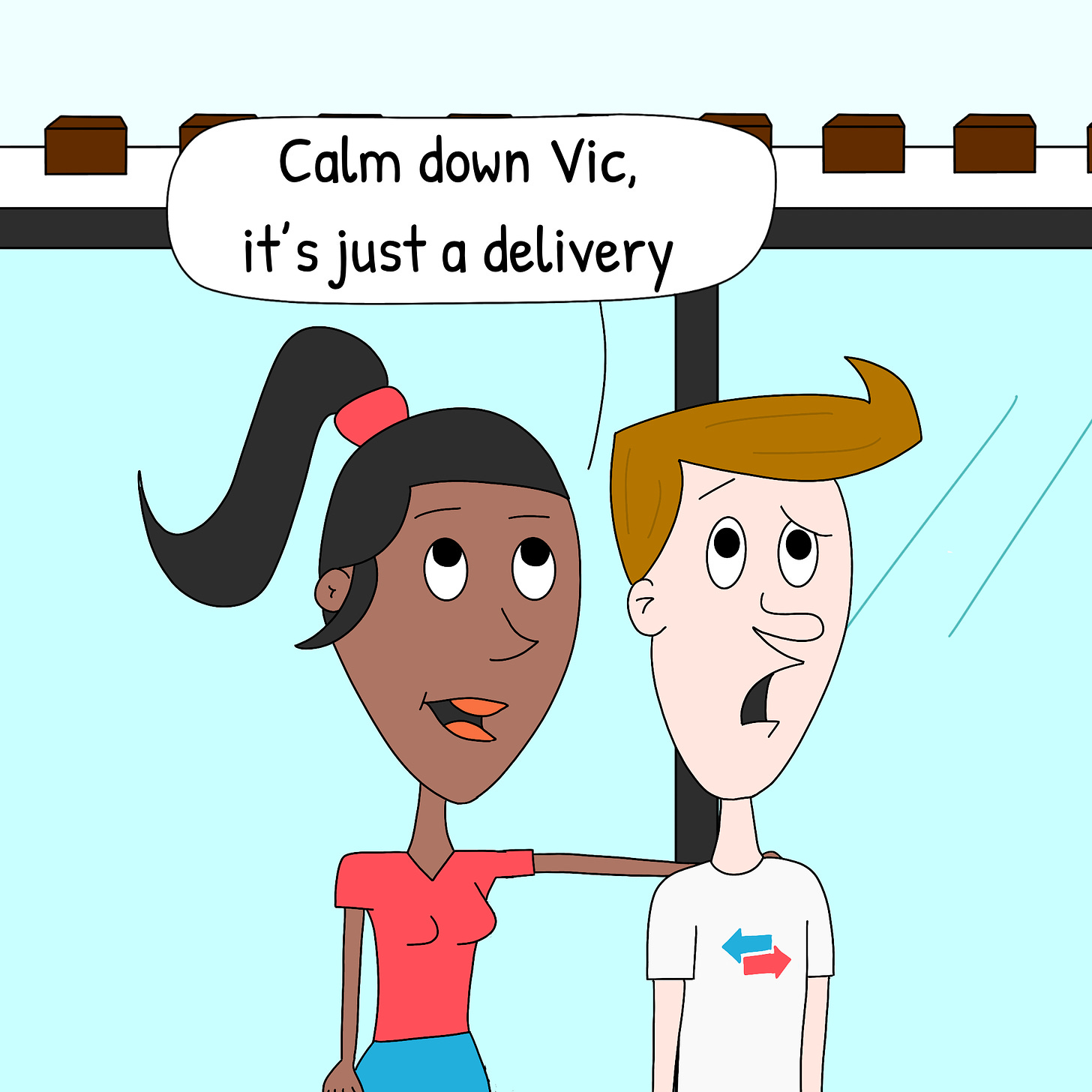 Panel 3: Tori puts her arm around Vic to reassure him and says: "Calm down Vic, it's just a delivery". Vic looks visibly confused. 