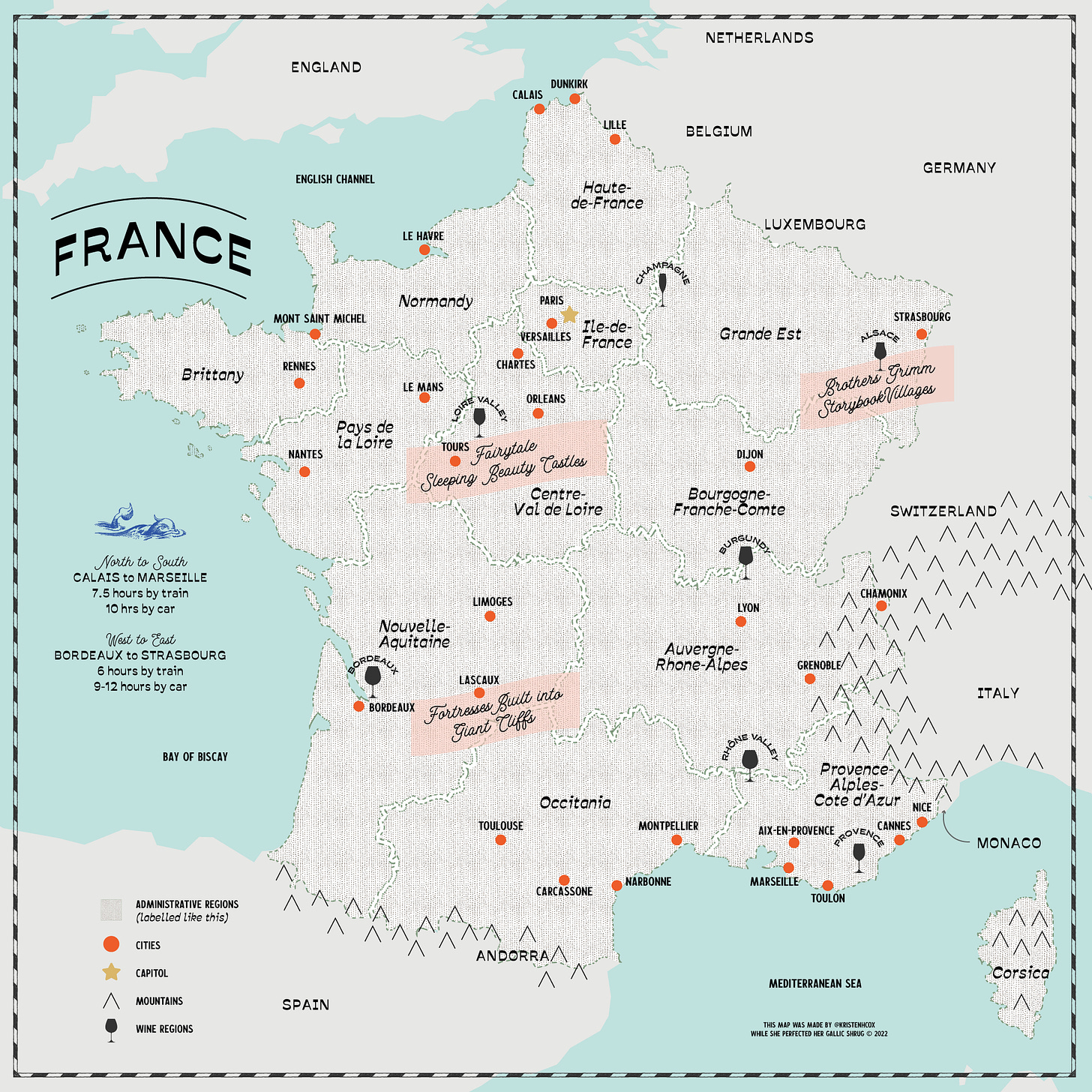 Map of France with labeled regions, cities, wine regions, mountains, and castles generalizations, oh my!