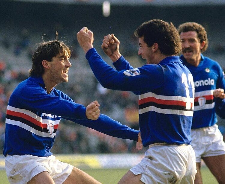 Mancini, Vialli, and Graeme Souness celebrate during AC Milan v Sampdoria, February 1986