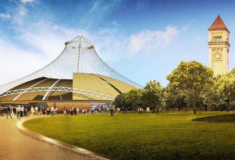 A possible rendering of Riverfront Park's iconic U.S. Pavilion, part of the legacy of Expo 74, with a new high-tech domed structure underneath the cables. (PHOTO: Olson Kundig Architects/Spokane Journal of Business)