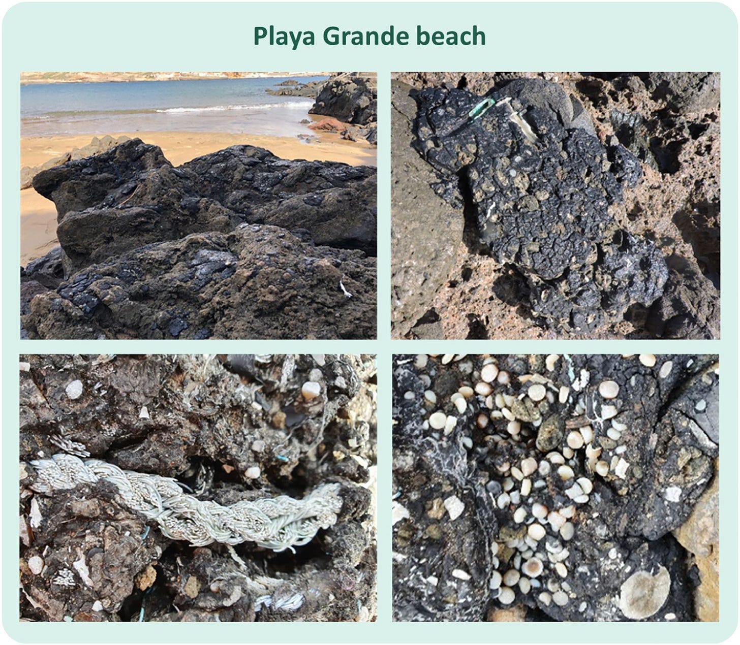 A grid of four images from Playa Grande beach in Tenerife, the Canary Islands, showing rocks covered with blobs of black tar embedded with plastic pellets, one also with a skein of fraying plastic rope.