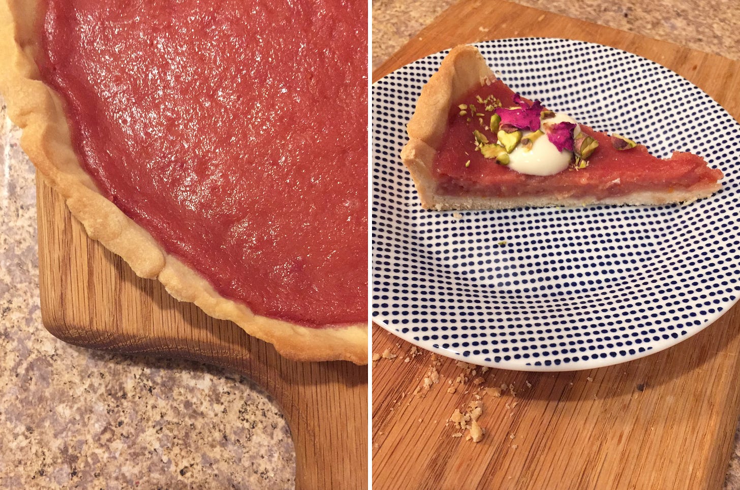 Left image: on a breadboard, the bottom corner of a tart with dark pink filling. Right image: A slice of the tart on a blue and white plate on top of the breadboard, with a dollop of yogurt on top, and chopped pistachios and rose petals sprinkled over.