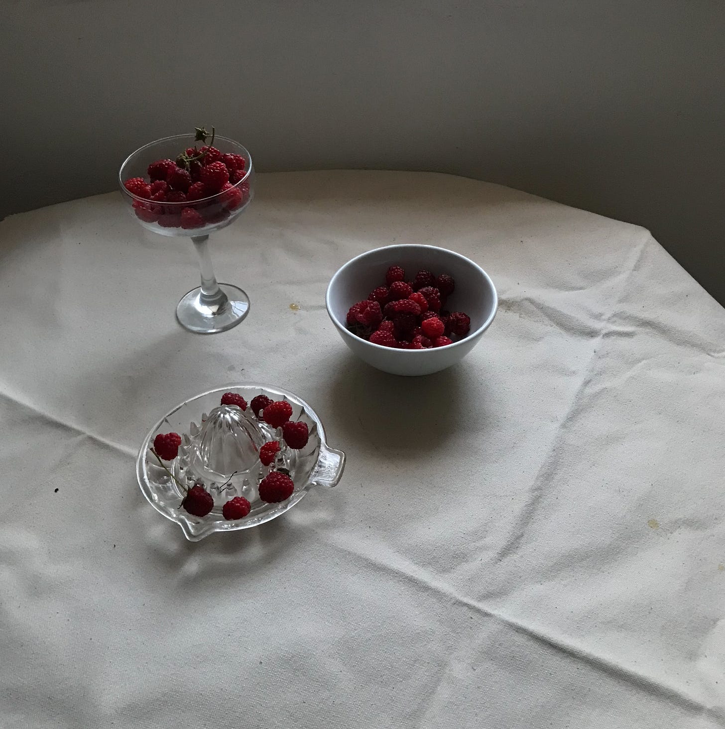 Set atop a piece of canvas, three receptacles filled with dark pink raspberries. One is a glass lemon squeezer, one a glass champagne coupe, and the last a pale white china bowl. 