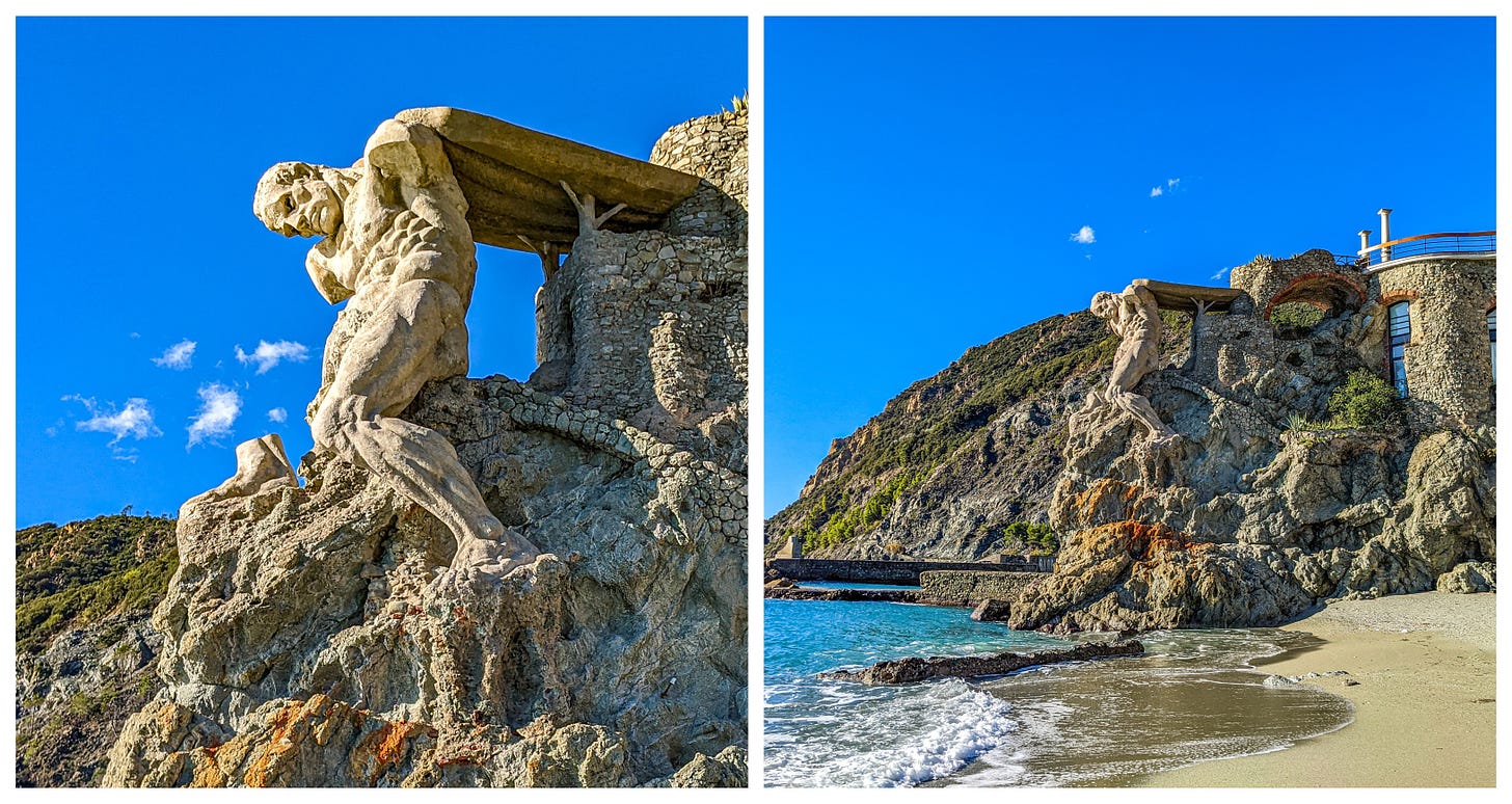 Two photos of Il Gigante, one close up, one taken from farther down the beach. 