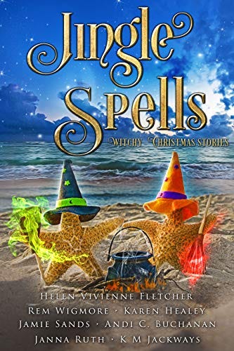 Cover of Jingle Spells which depicts two witch starfish with a cauldron and brooms on the beach