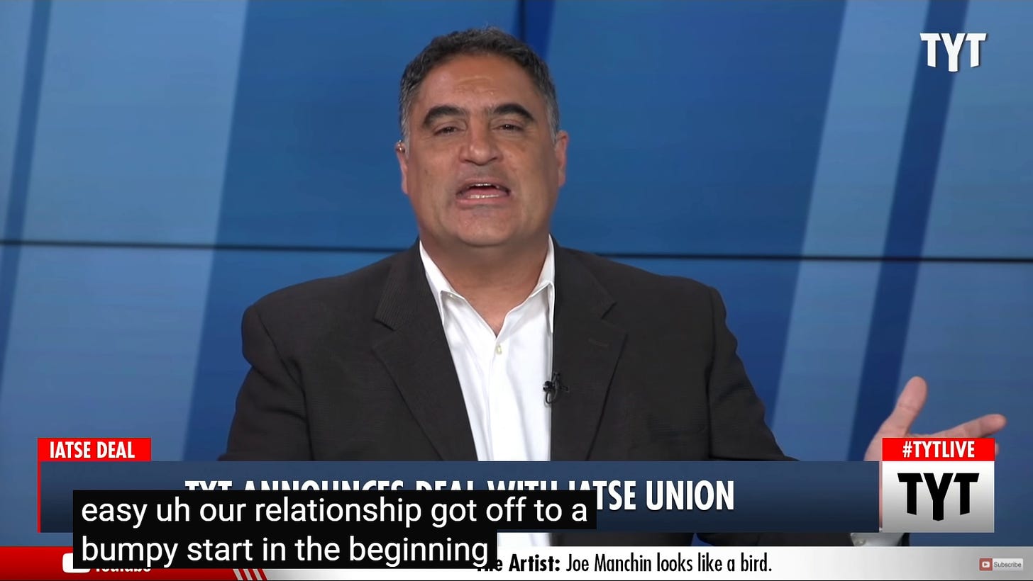 Cenk Uygur Announcing The Ratification Of The Union Contract Saying It Was A Bumpy Start