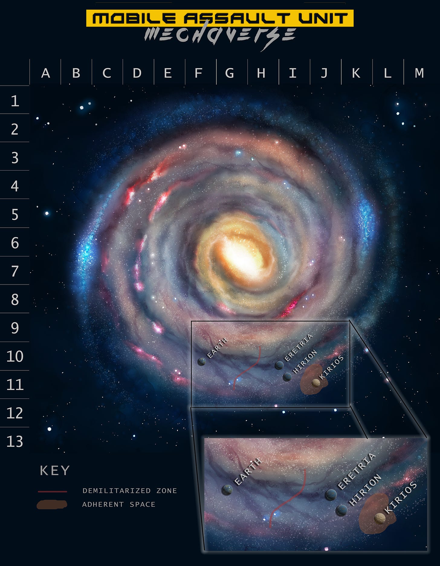 A map of the spiral galaxy we call the milky way that shows earth's relation to Hirion and Eretria, as well as where Adherent space is and the demilitarized zone