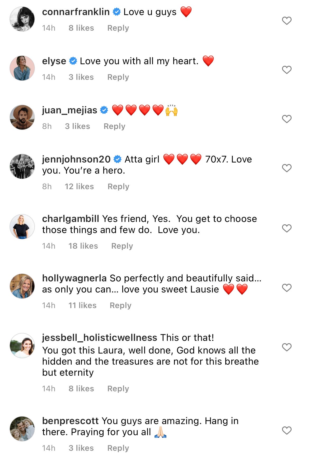 A selection of comments on her post - "Love you - you're a hero"