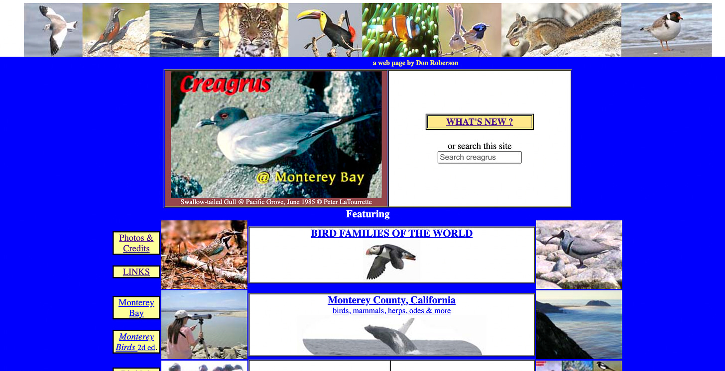 Screenshot of Don Roberson's Creagus Website. Lots of photos of birds and little links to categories of naturalist-y information