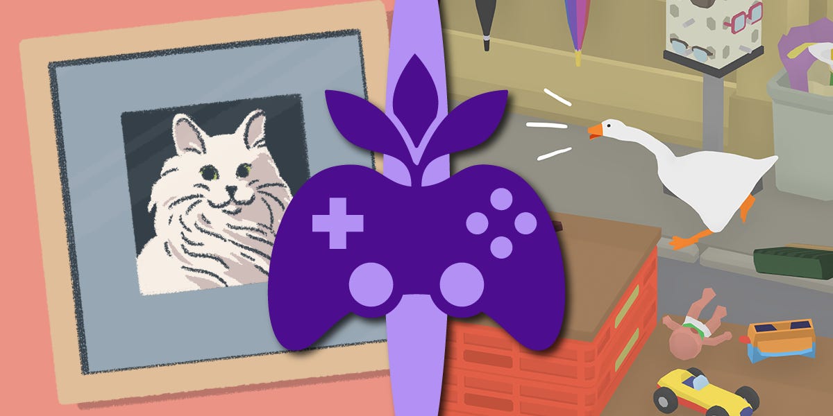 Ao centro, o logo da newsletter. A esquerda, o desenho de um quadro de um gato branco, com uma moldura cinza e marrom. A direita, um ganso branco grita em meio a rua de um vilarejo, com vários objetos jogados ao chão.