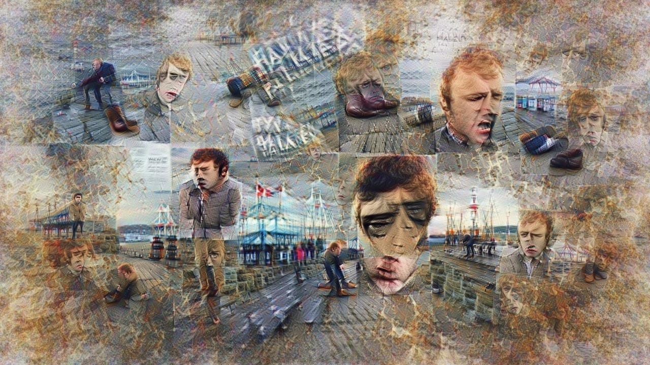 There are sad-looking people with red hair in 18th century muttonchops, looking down at a rain-soaked pier from various angles. Some pavillions, sea, and low green islands in the distance.