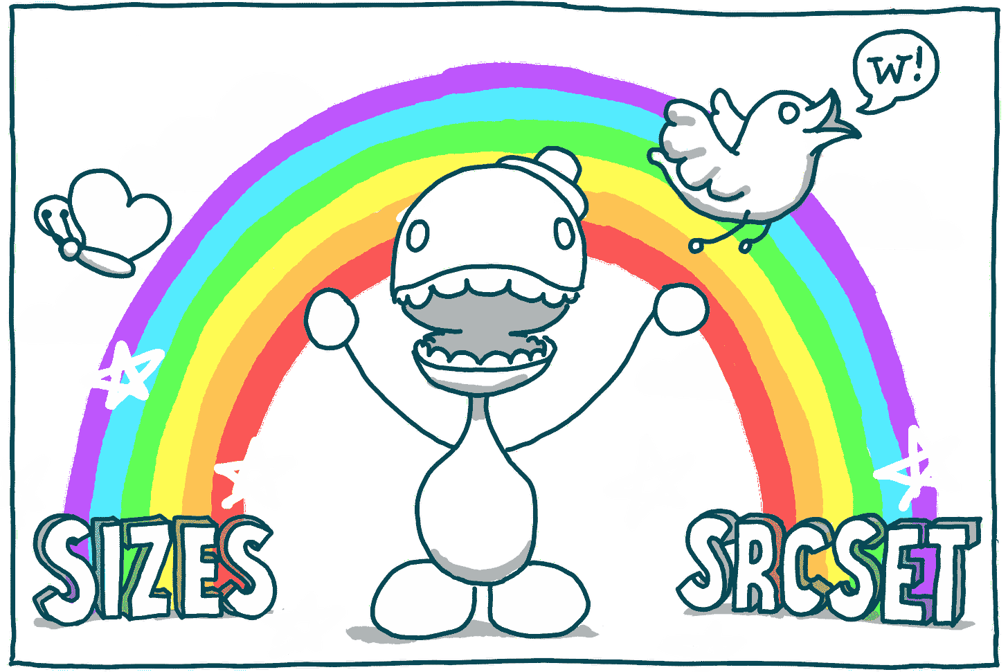 Illustration of a man standing under a rainbow with sizes on one side and srcset on the other. 