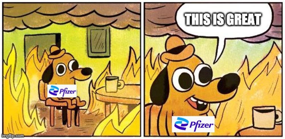 Dog in fire meme, pfizer logo on dog while he says, "This is great."