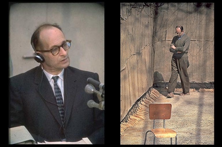 Adolf Eichmann at trial in Jerusalem and walking in yard of his cell in Ayalon Prison, Ramla (1961). Source: Wikimedia Commons/Israel National Photo Collection