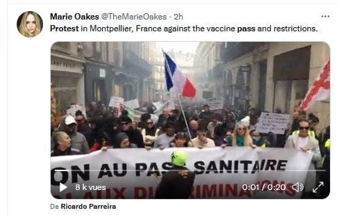 Peut être une image de 3 personnes, personnes debout et texte qui dit ’Marie Oakes @TheMarieOakes 2h Protest in Montpellier, France against the vaccine pass and restrictions. 8k k vues PA De Ricardo Parreira SAN!TAIRE 0:01 0:20’
