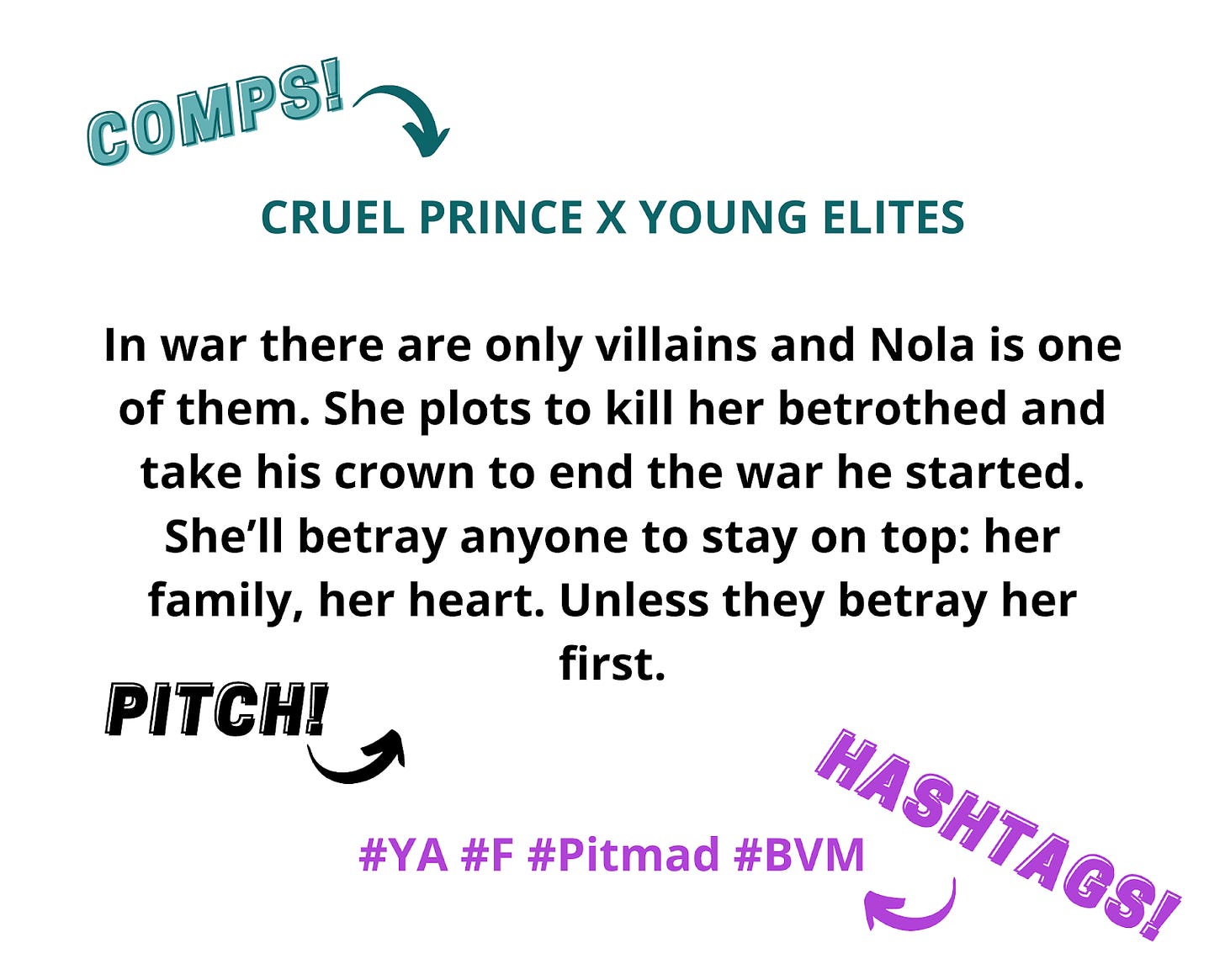 CRUEL PRINCE X YOUNG ELITES  In war there are only villains and Nola is one of them. She plots to kill her betrothed and take his crown to end the war he started. She’ll betray anyone to stay on top: her family, her heart. Unless they betray her first.   #YA #F #Pitmad #BVM