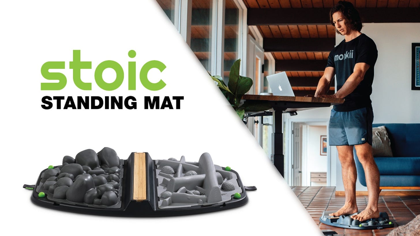 A modular anti-fatigue mat that strengthens, stretches and massages your feet.