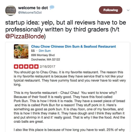 Screenshot of a funny tweet about kids and yelp