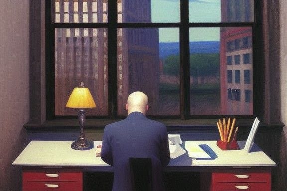 investment banker sits at his desk on the trading floor Edward Hopper photorealism